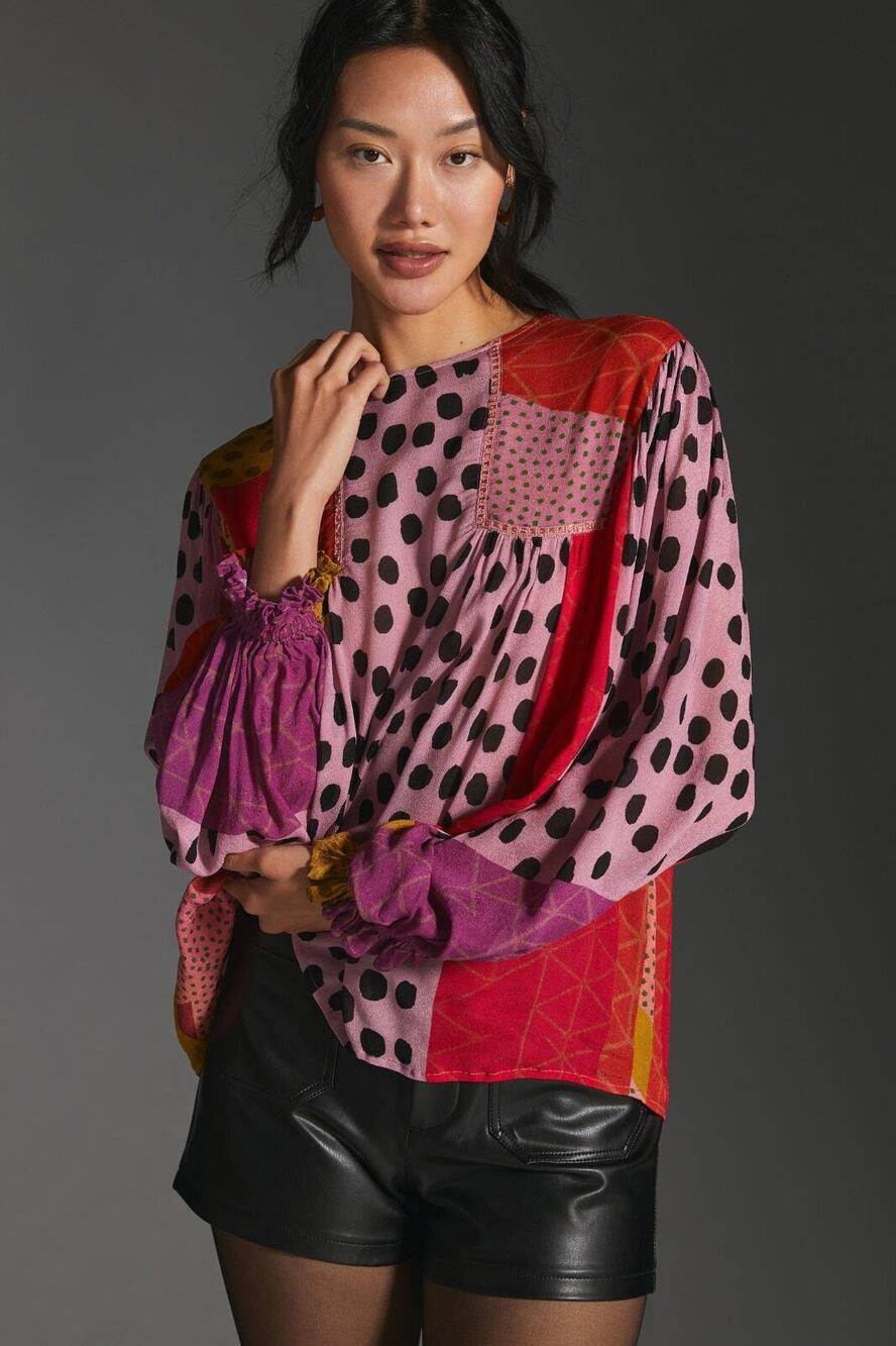 BL-NK LONDON x ANTHROPOLOGIE Miranda Peasant Blouse Eclectic Pink Black